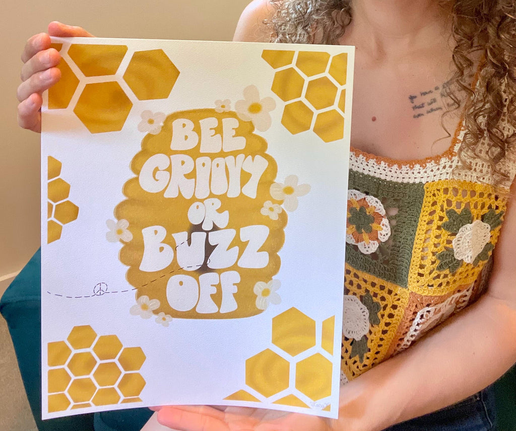 Bee Groovy Art Print – Retro Honeycomb, Yellow Boho Decor (11x14 Print)