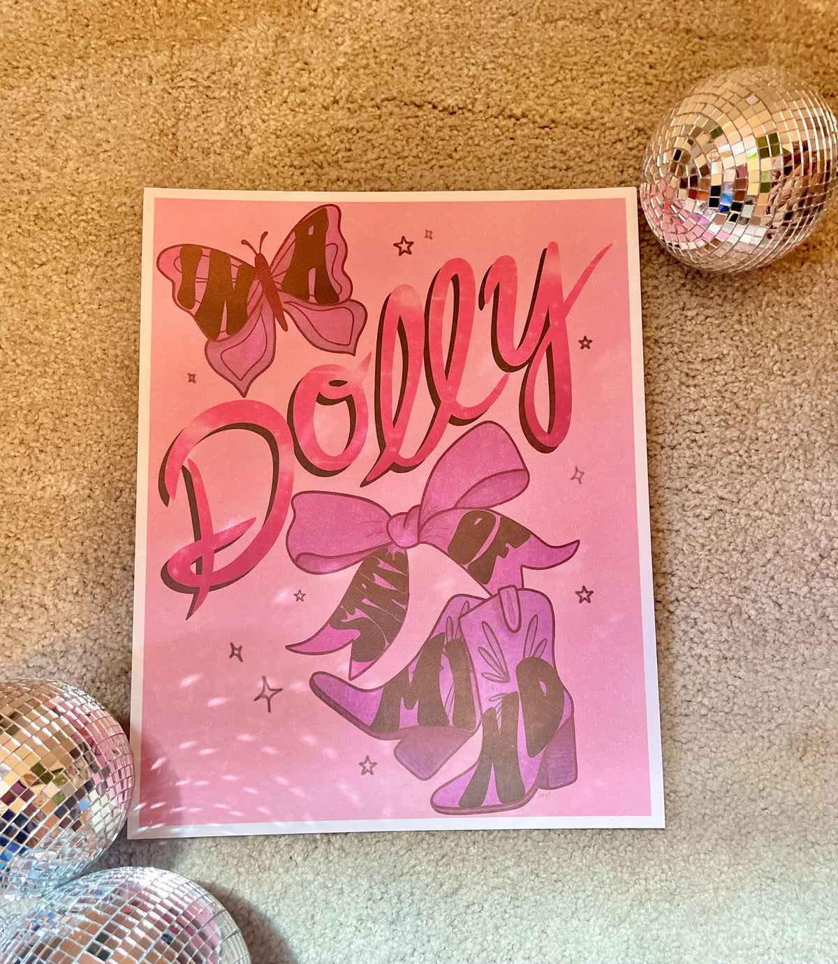 Dolly Parton Inspired Art Print, Cowgirl Boots, Pink Bow, Western Decor