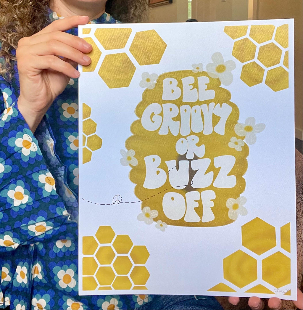 Bee Groovy Art Print – Retro Honeycomb, Yellow Boho Decor (11x14 Print)