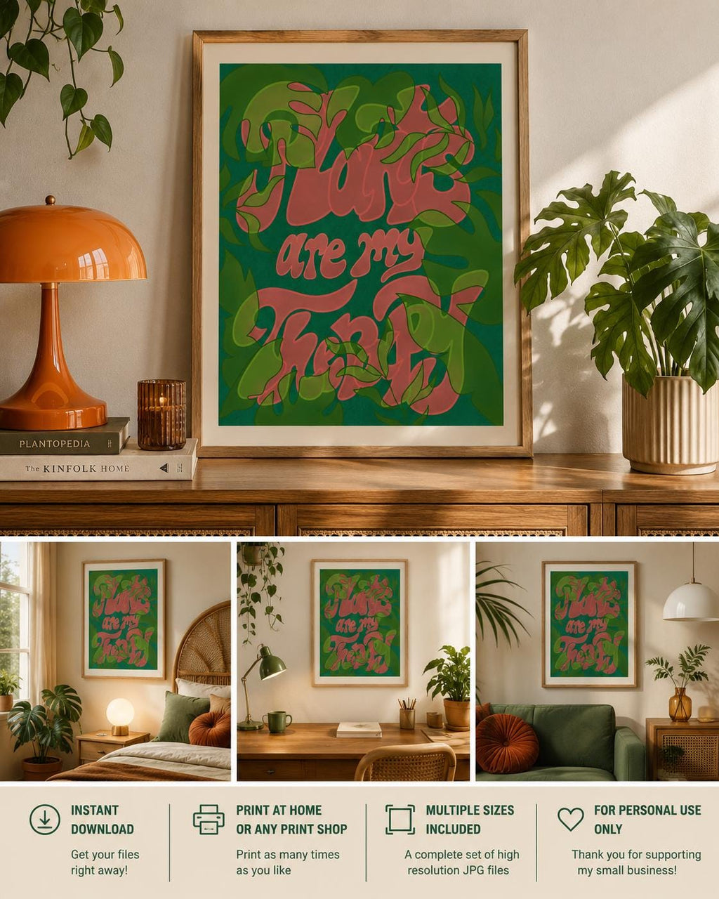 Plants Are My Therapy Retro Print | Groovy Green Pink Wall Art (Digital Download)