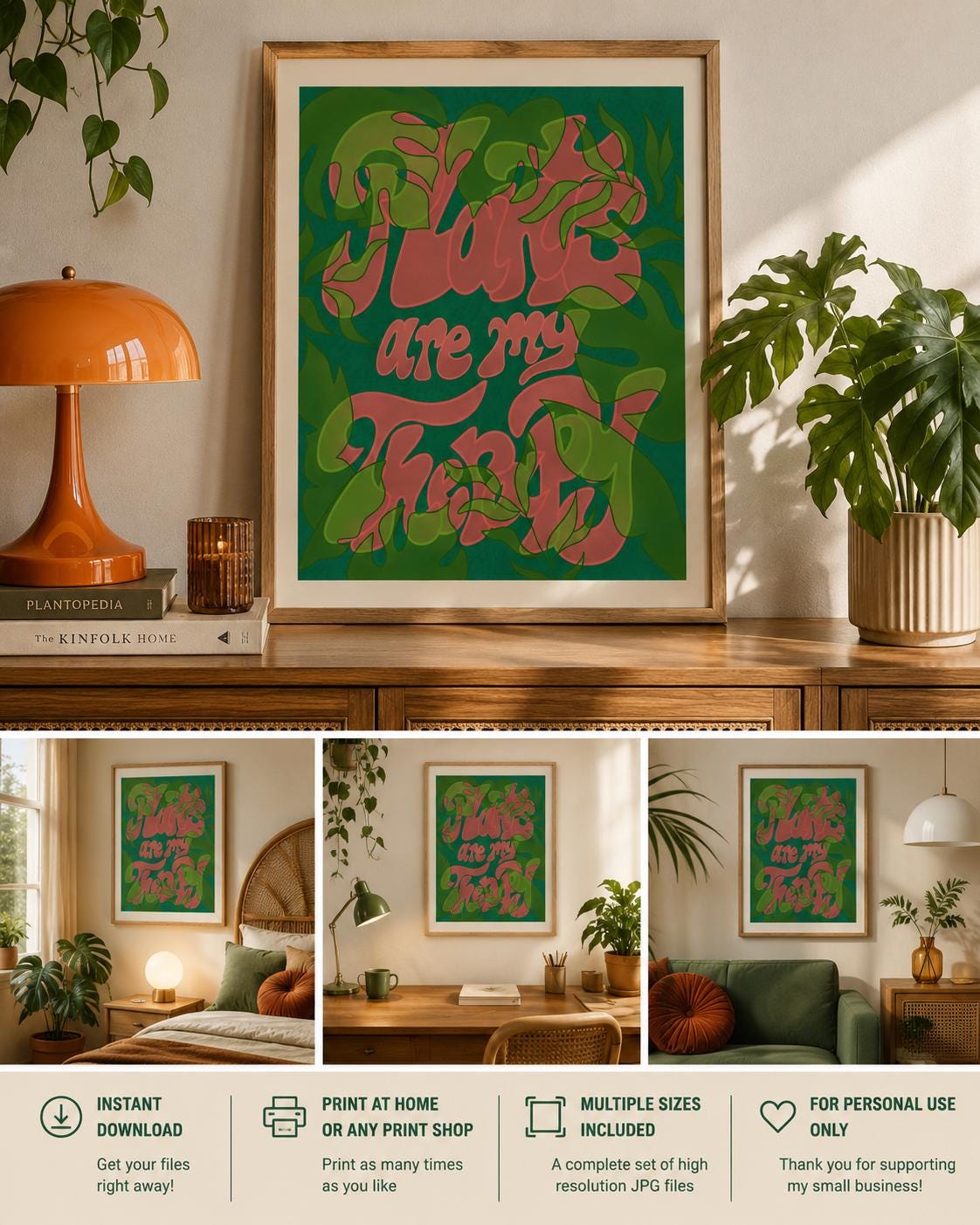 Plants Are My Therapy Retro Print | Groovy Green Pink Wall Art (Digital Download)